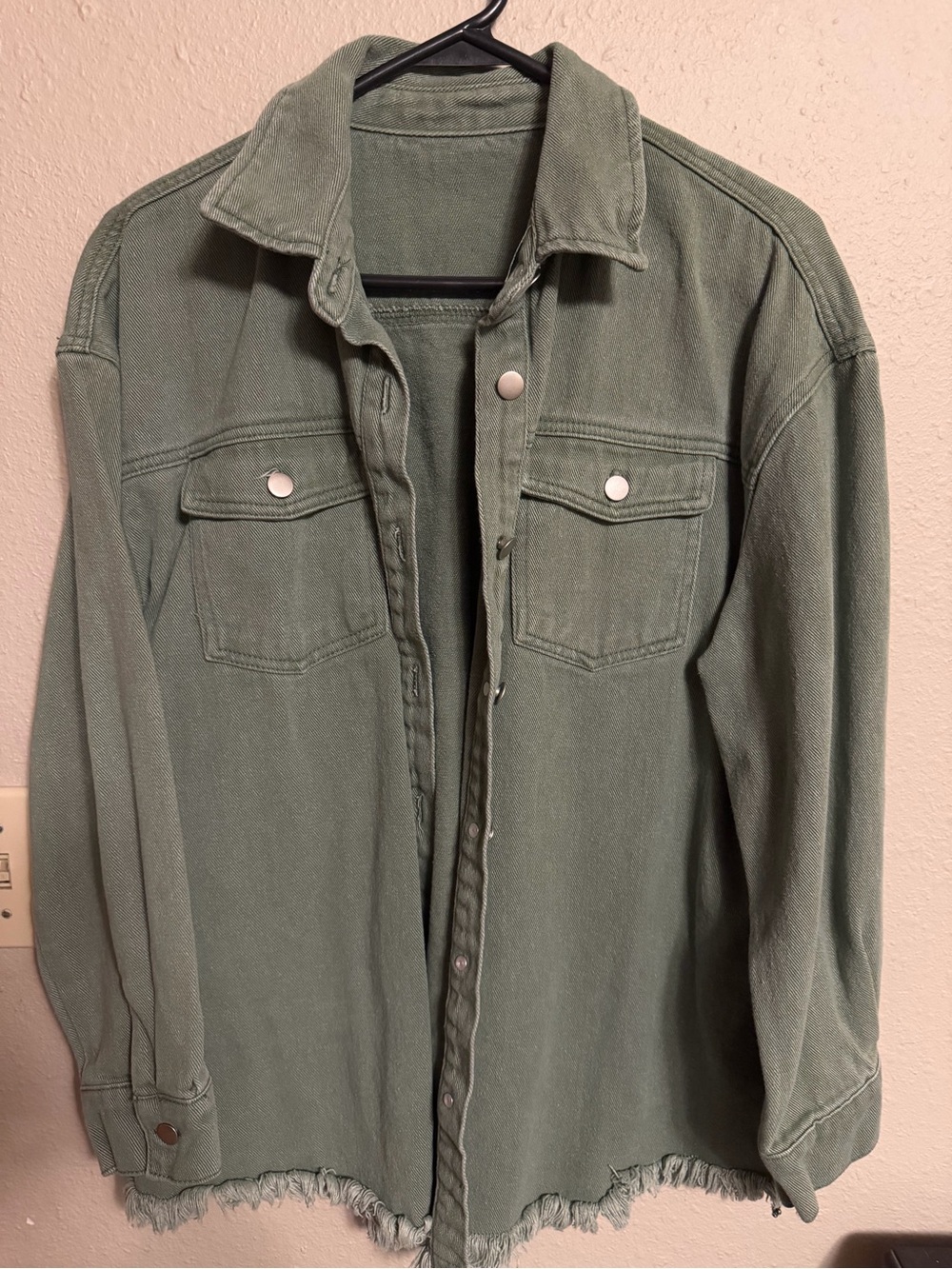 Olive Green Jean Jacket with Frayed Hem
